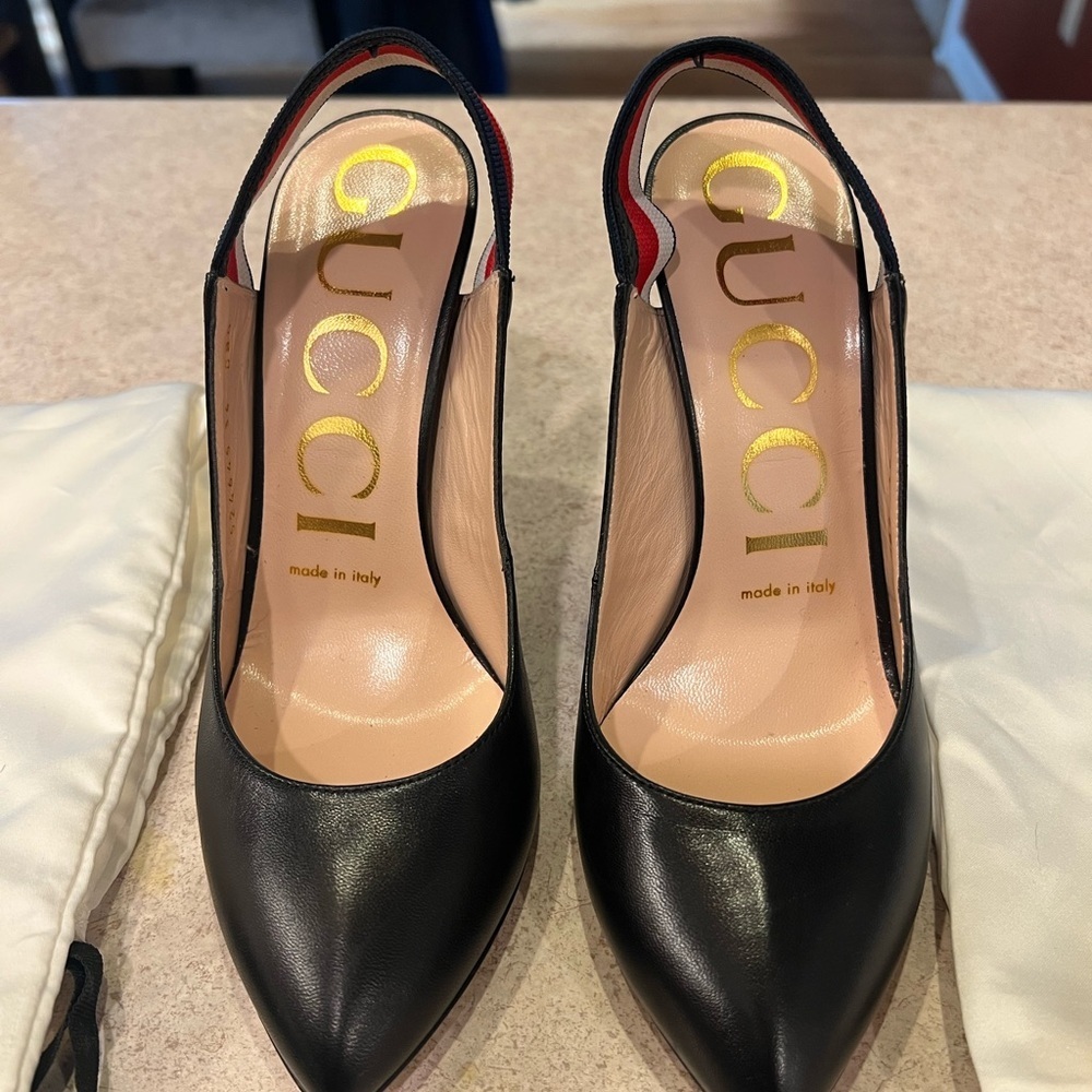 GUCCI SYLVIE WEB SLINGBACK BLACK LEATHER 3.25" HEELS PUMP SHOES 36 - Picture 4 of 14